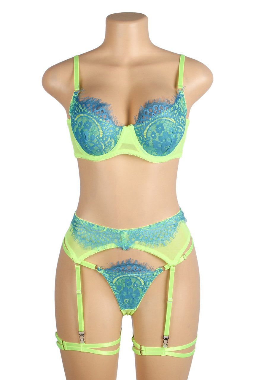 Neon Lace Bra and Garter Set