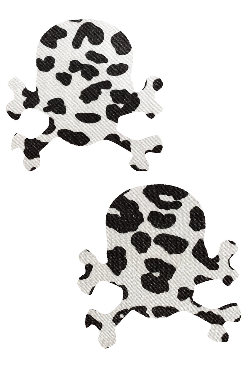 White and black cow print on skull shaped nipple pasties