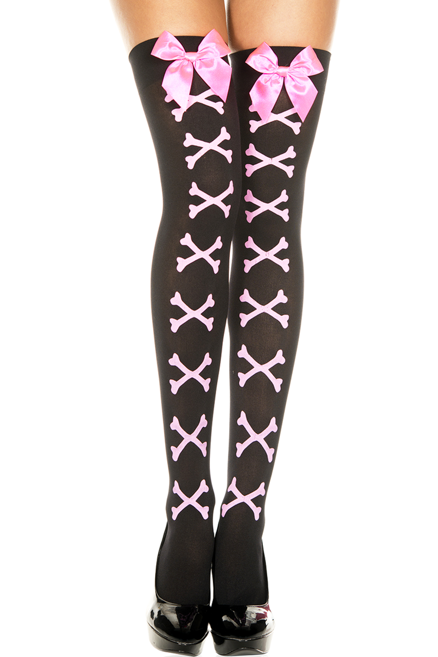 Shop these women's black thigh high stockings with pink cross bones and satin bows