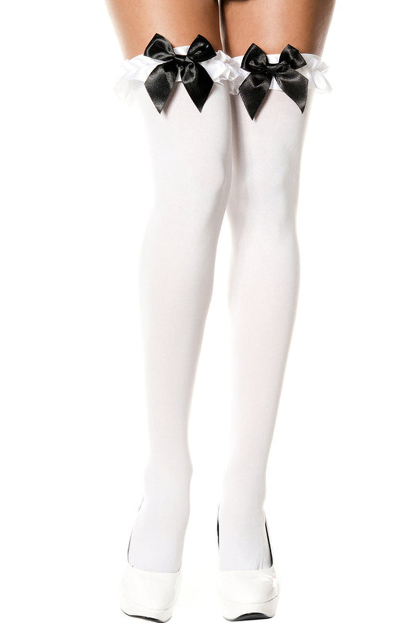 Shop women's  white thigh high leggings with black bows