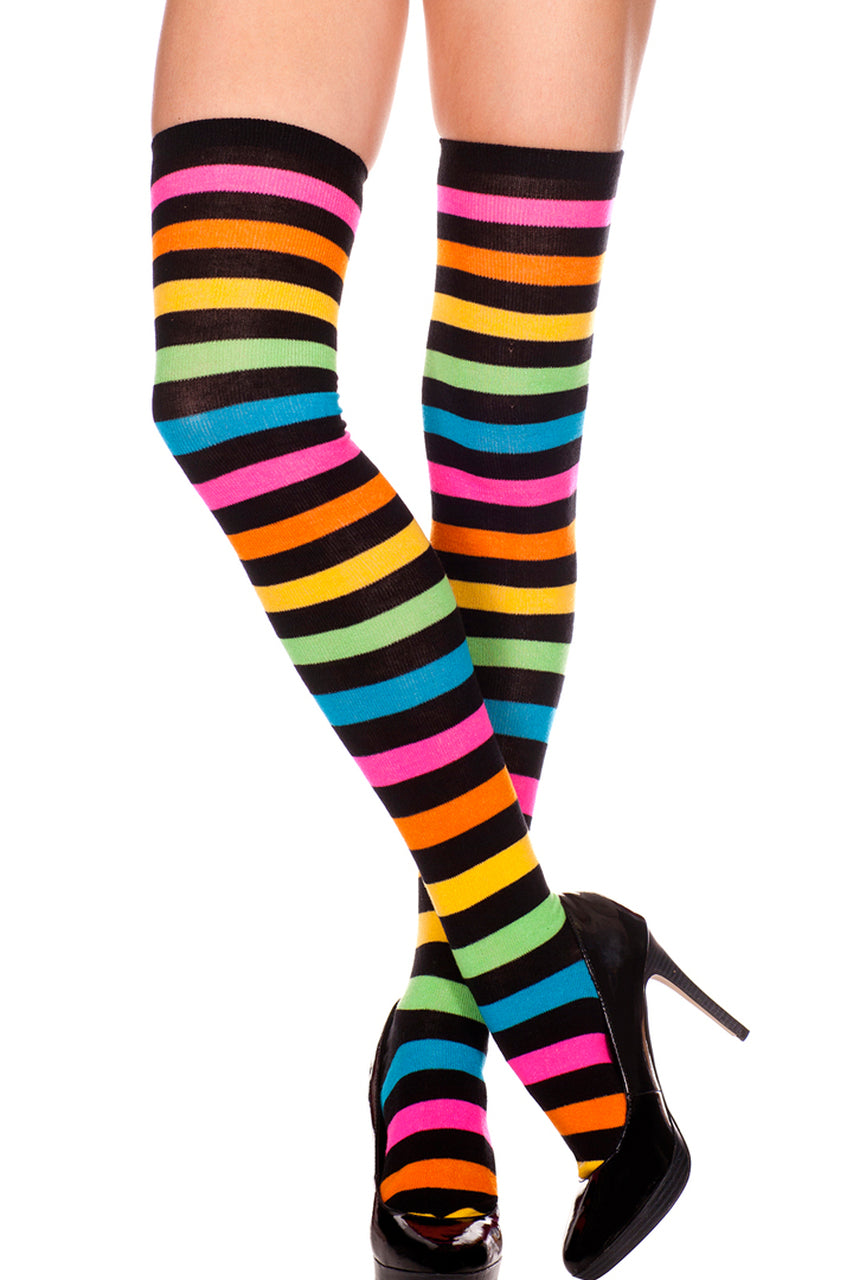 Shop women's black thigh high stockings with rainbow stripes.