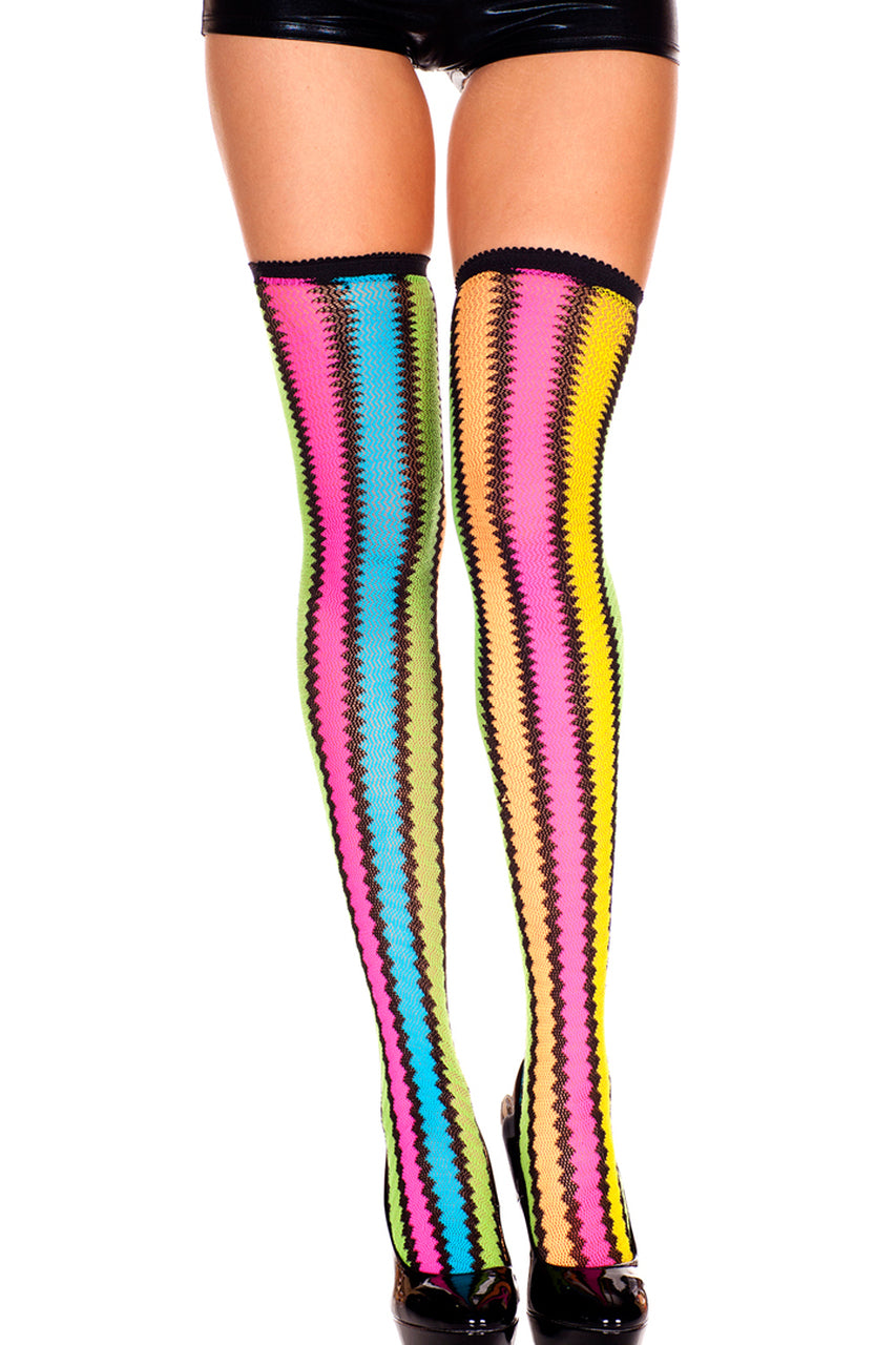 Shop women's thigh high sock leggings with colorful zigzag pattern.