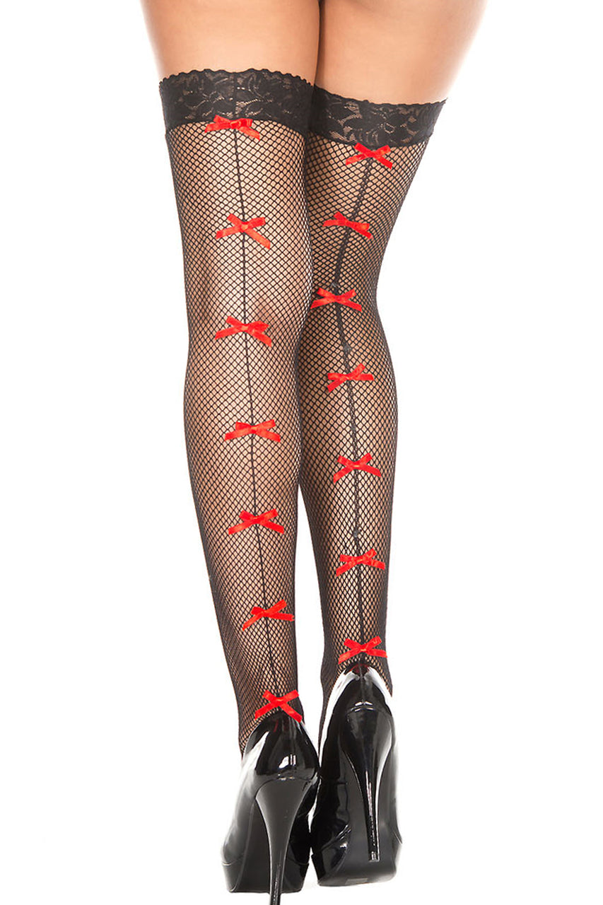 Shop this women's black fishnet thigh highs with red satin bows