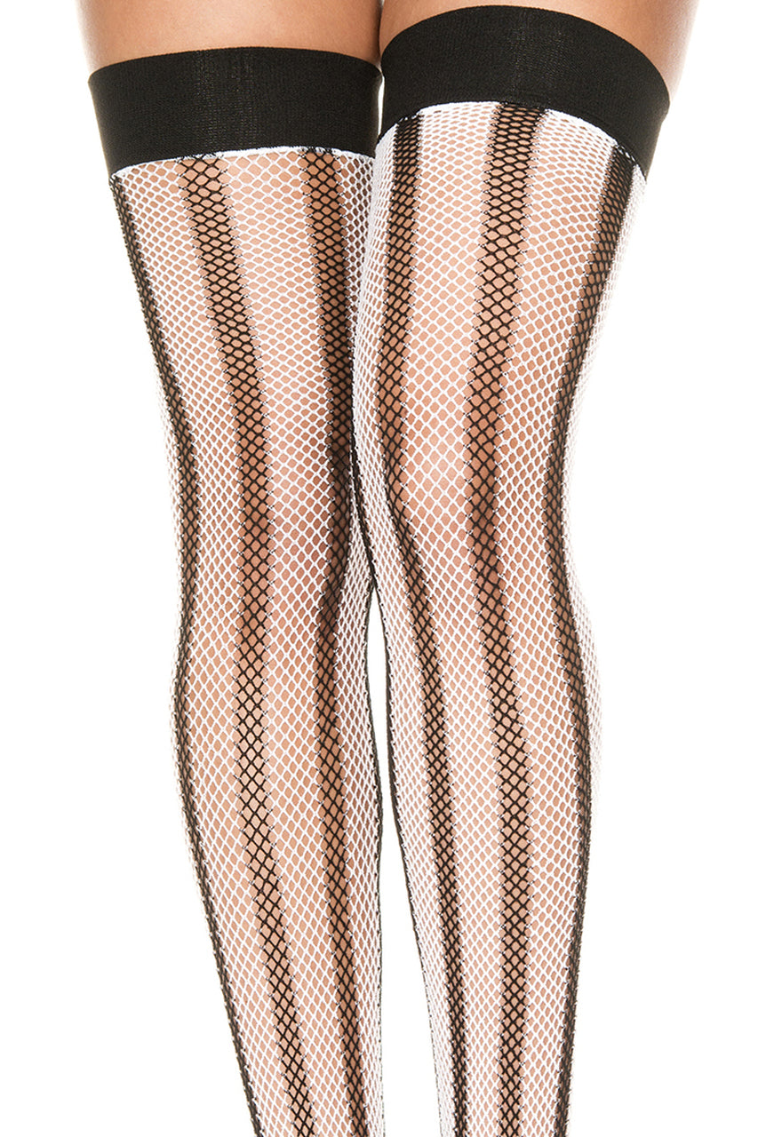 Shop these white and black vertically striped thigh high fishnet stockings