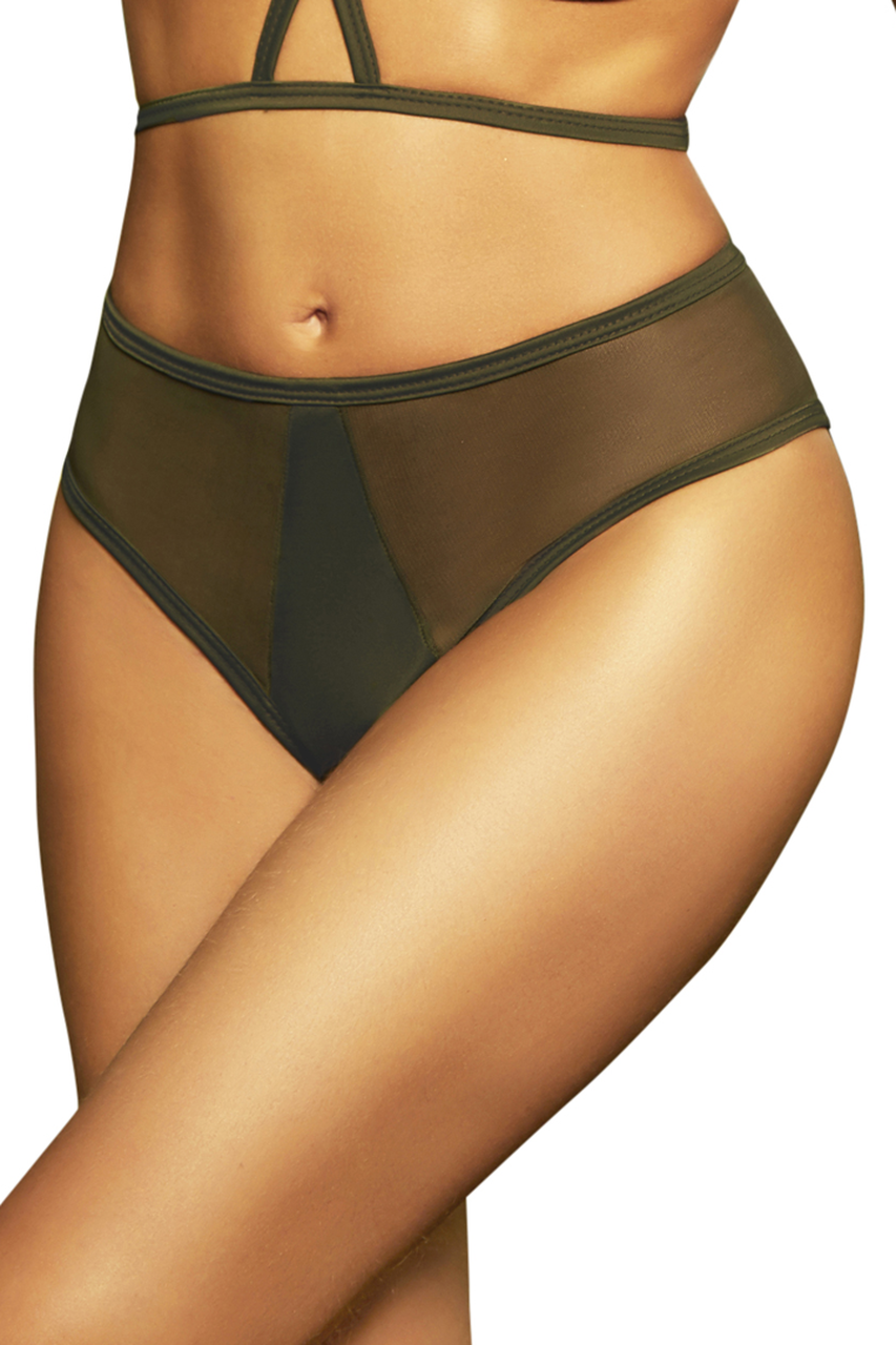 Shop this women's olive green high waist bikini bottoms with mesh inserts