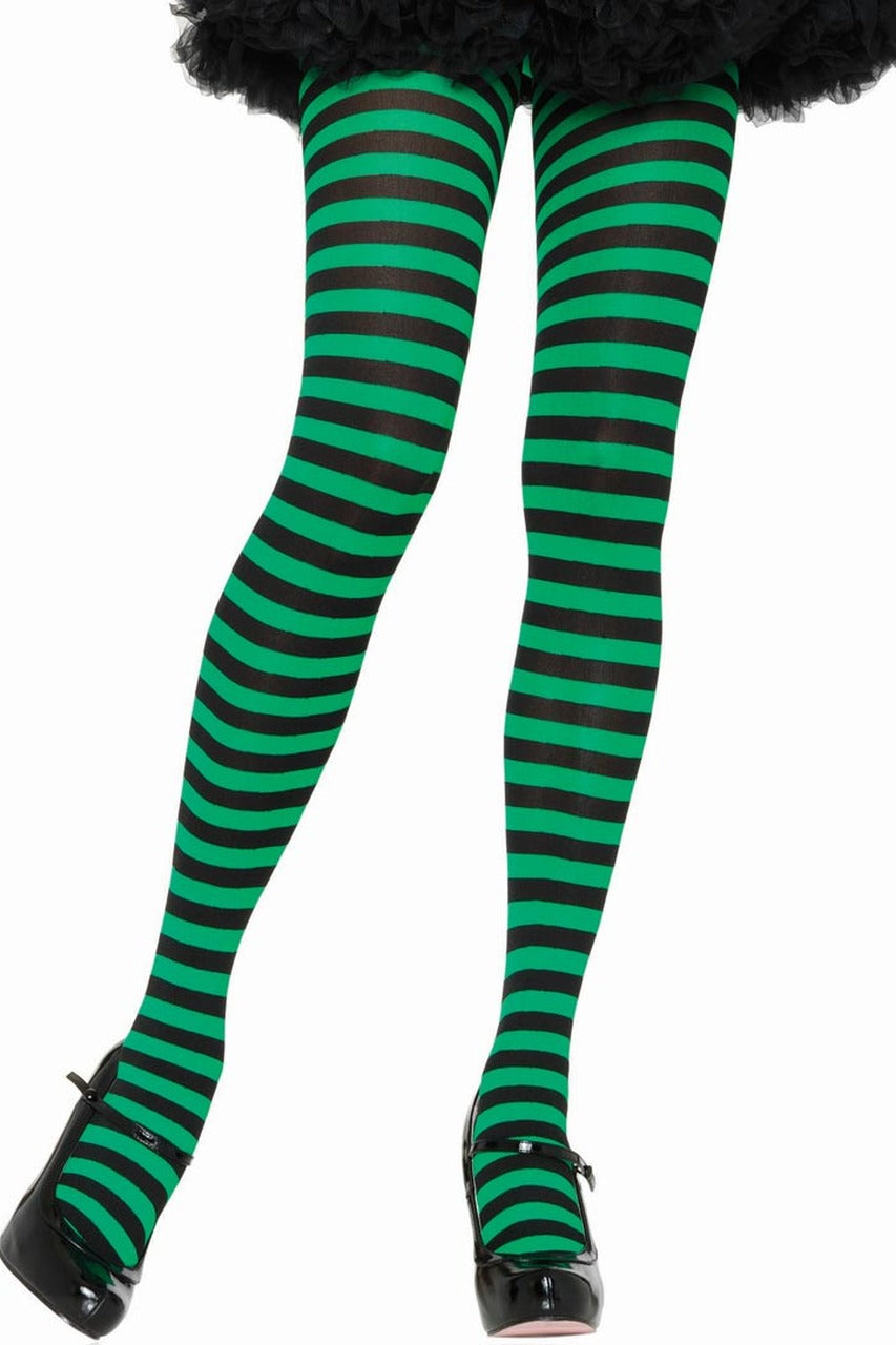 Shop these women's tights with black and green stripes