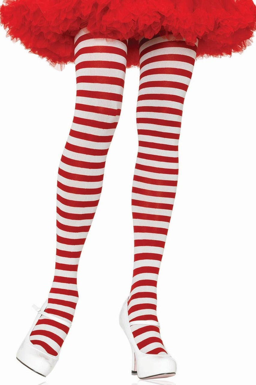 Shop these white and red striped tights