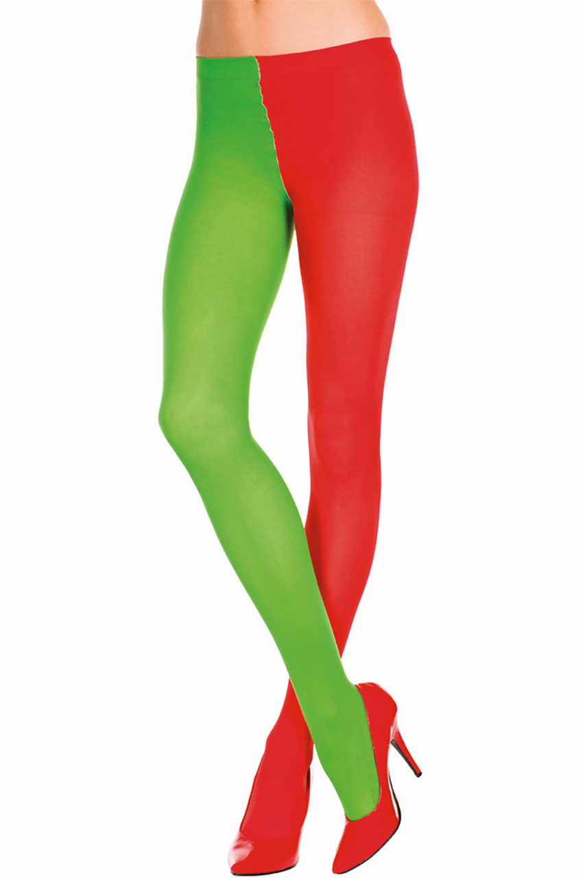 Shop these red and green jester tights with Christmas colors