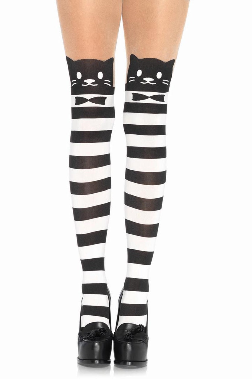 Shop these black and white striped tights with cute cat face pantyhose
