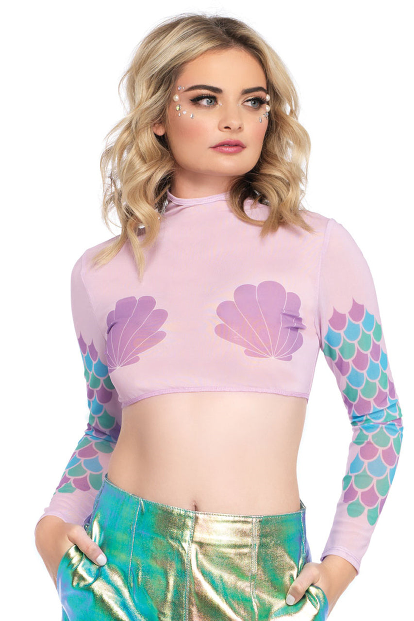 Shop this women's purple mesh crop top with long sleeves and mermaid sea shell cups