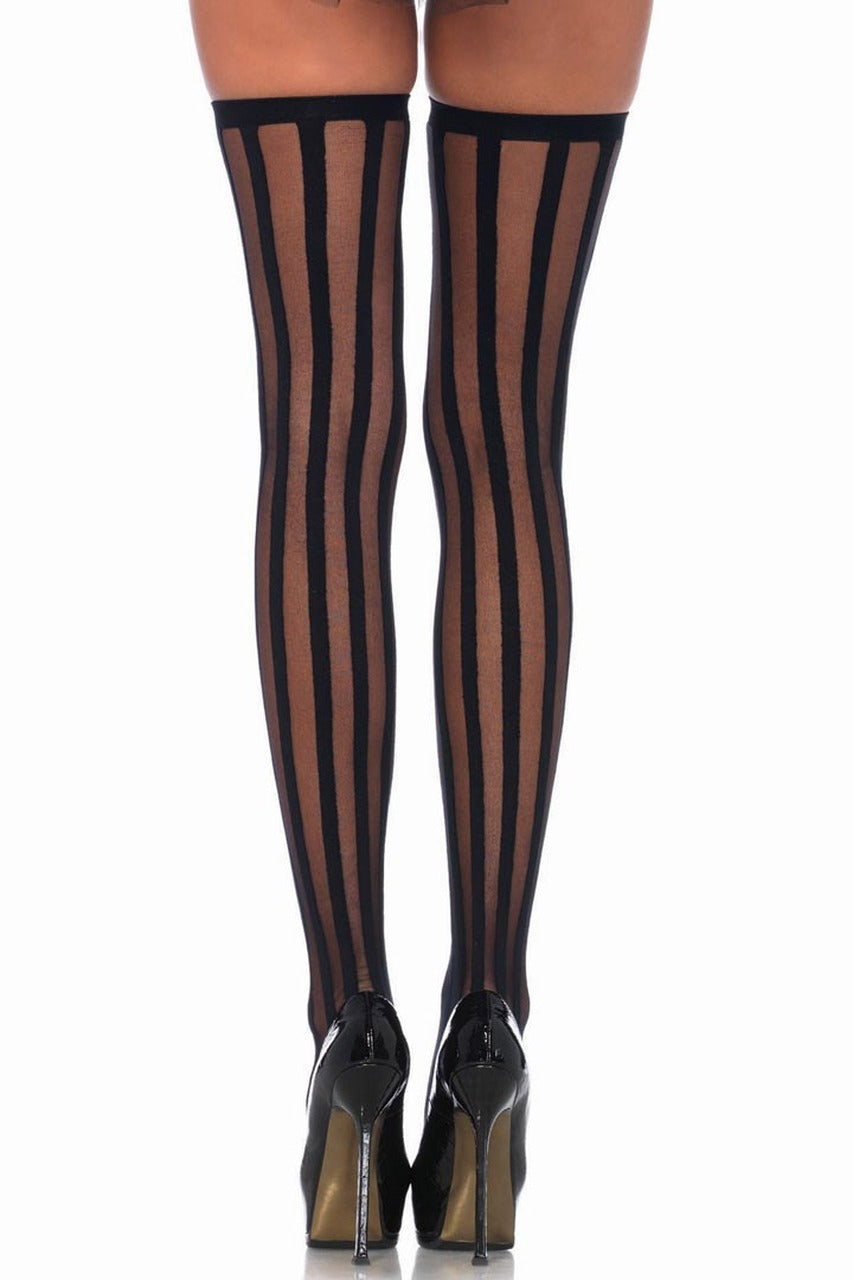 Shop these black vertical striped thigh highs with sheer fabric