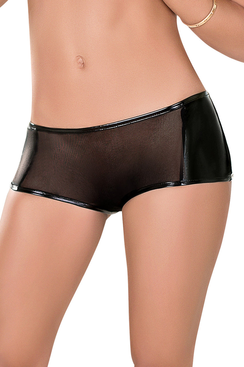 Shop these sheer mesh booty shorts with wet look side panels