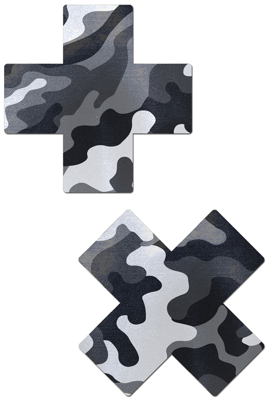 Shop these women's black and white camouflage camo double X nipple cover pasties