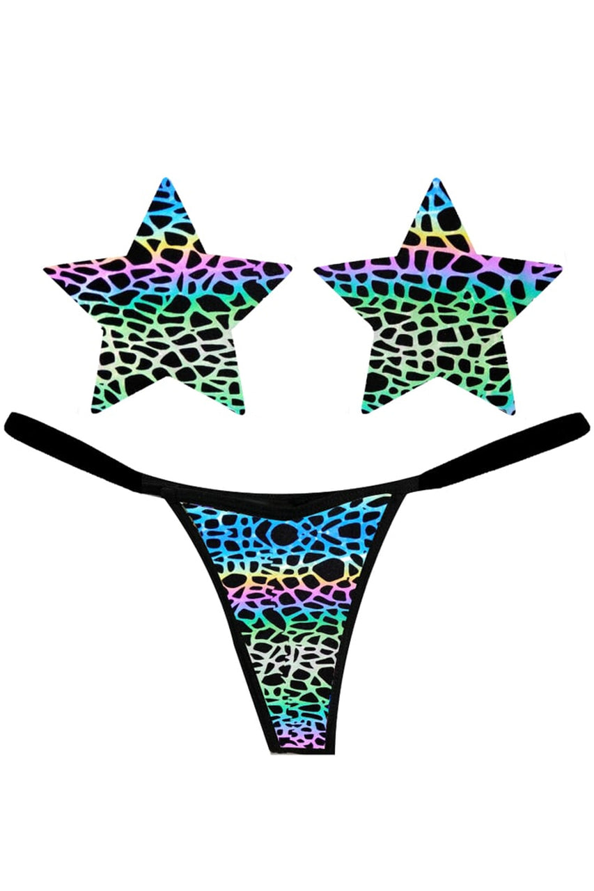 Rainbow giraffe reflective nipple pasties and g string dance outfit
