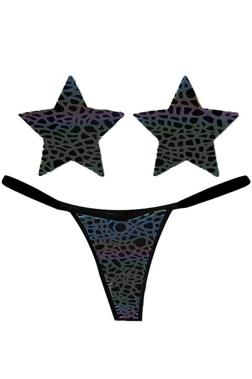 Reflective star nipple pasties and g string
