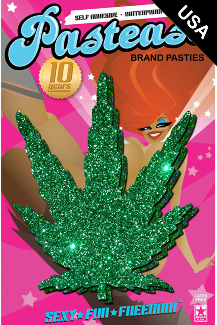 Shop women's green pot leaves nipple cover pasties with glitter.