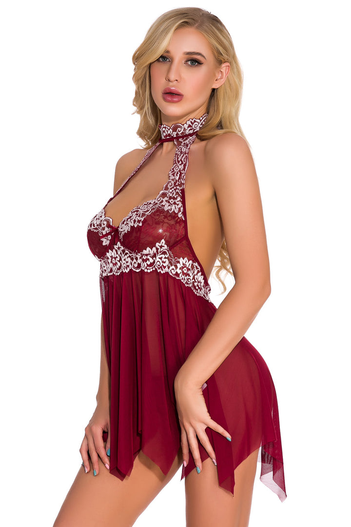 High Neck Contrast Lace Babydoll