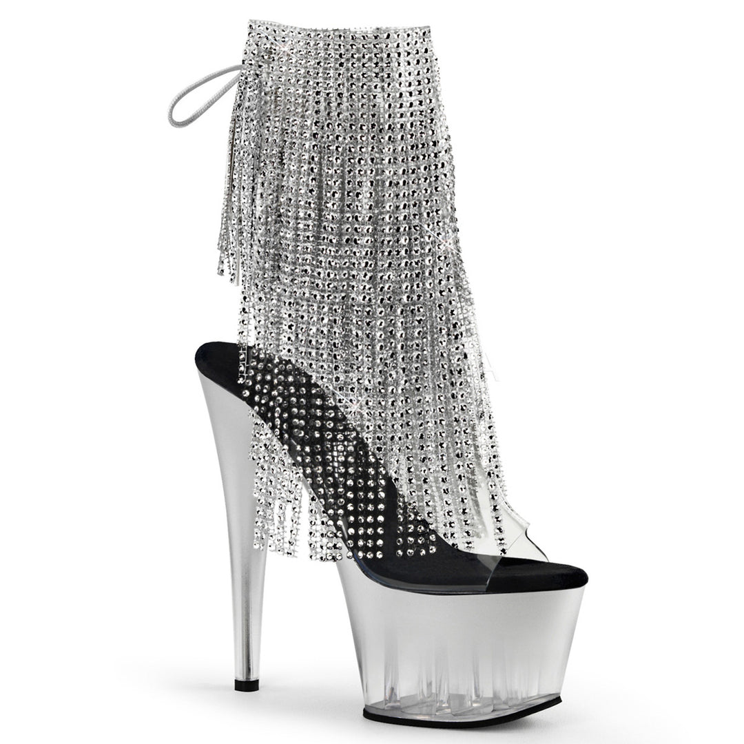 7" stiletto clear/silver open toe/heel lace-up ankle booties