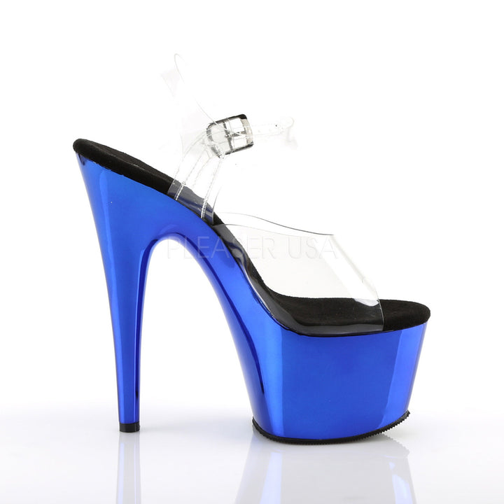Women's sexy clear/blue pole dancing heels featuring ankle strap, 7 inch heel, and 2.8" platform - Pleaser Shoes