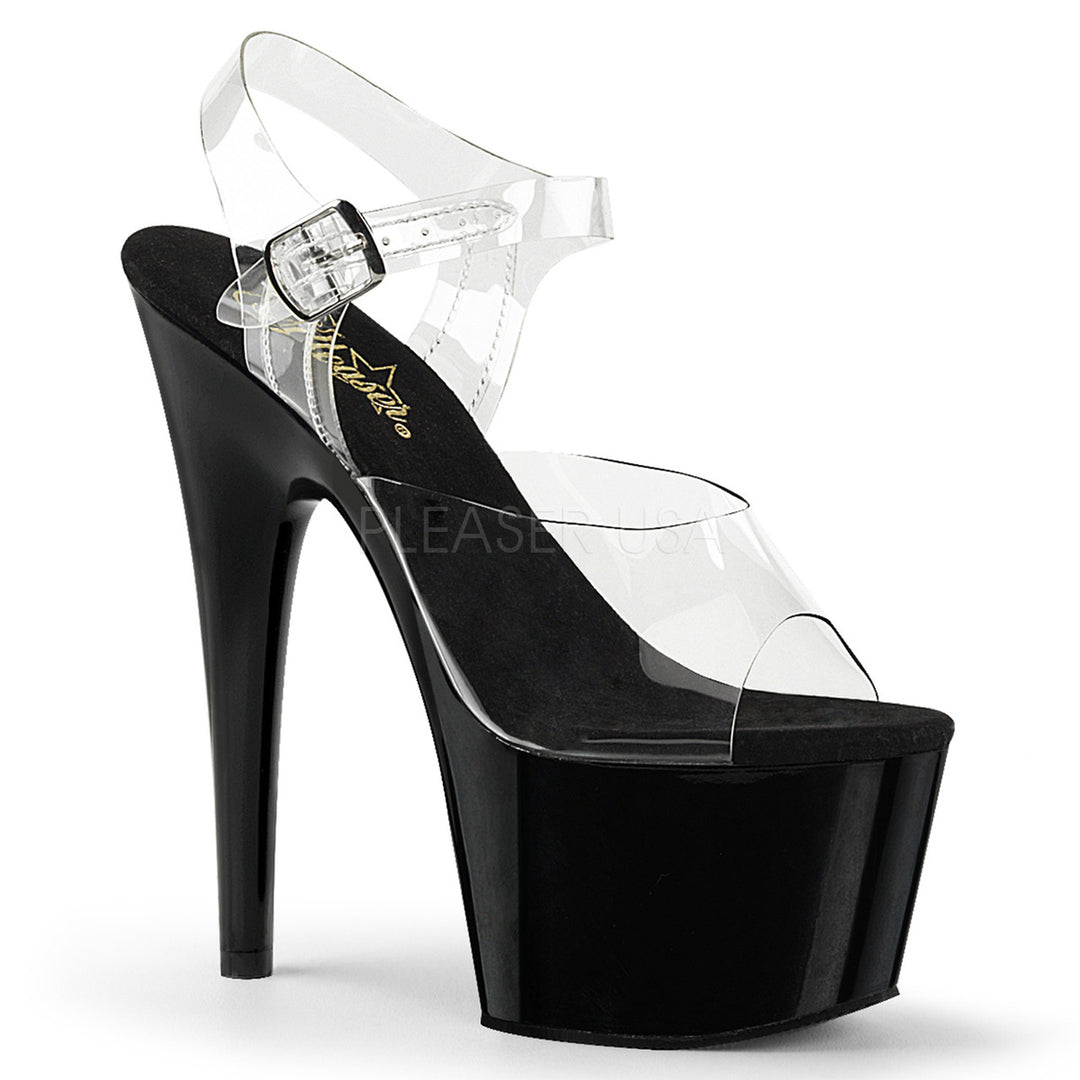 Women's sexy clear/black ankle strap exotic dancer platform shoes with 7" spike heel.