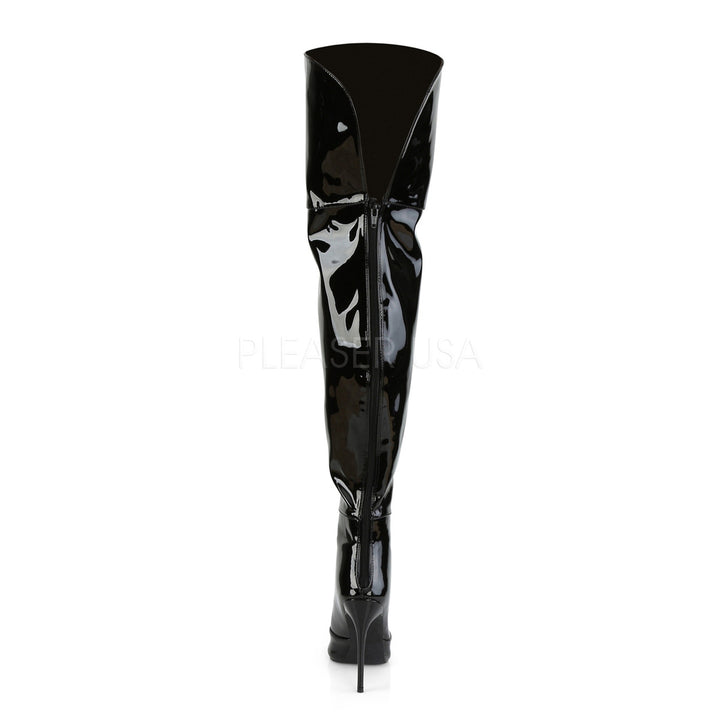 Women's sexy black 5 inch heel well made thigh high boots with a flat platform.