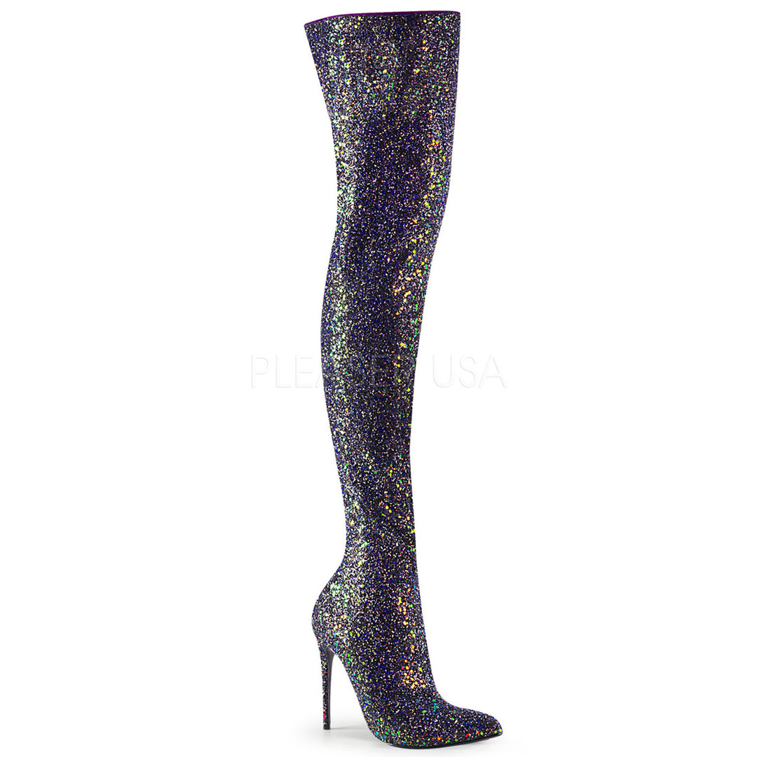 Women's sexy 5" high heel black glitter side zip thigh high boots