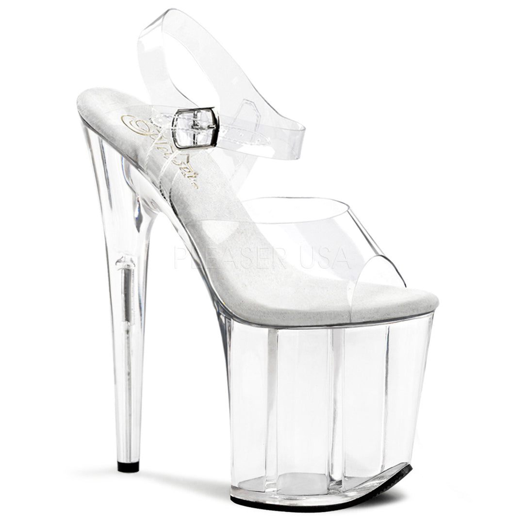 Women's clear ankle strap pole dancing heels with 8" heel.