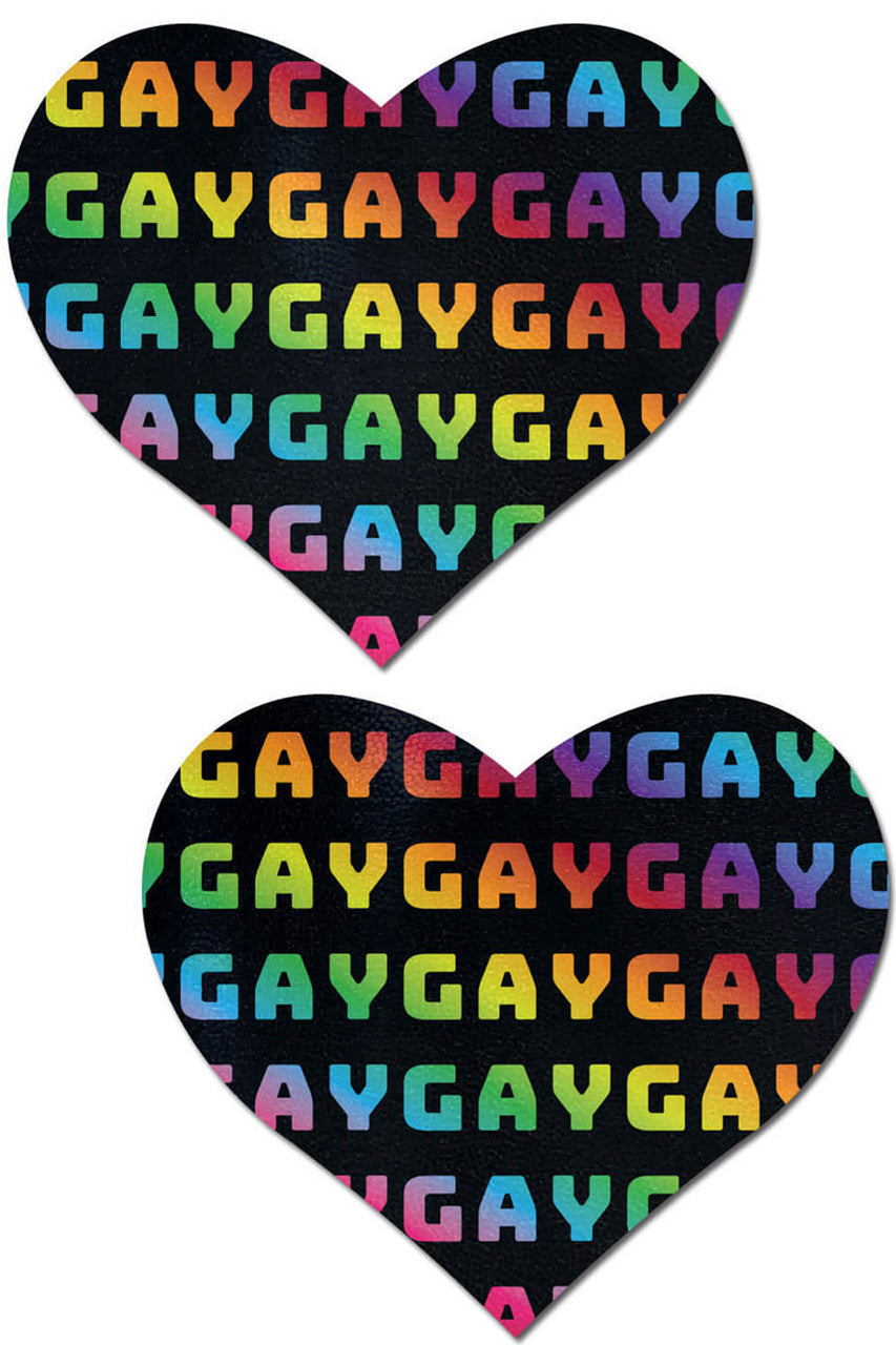 Gay rainbow print on black heart nipple pasties