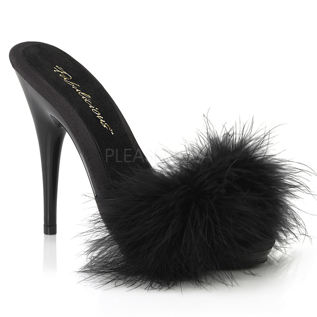 Black 5" Heel, 3/8" Platform Marabou Slide Sandal - Please Shoes