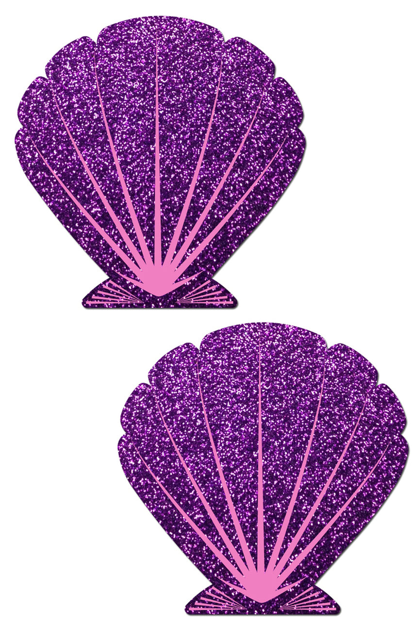 Shop women's mermaid glitter purple seashell nipple cover pasties.