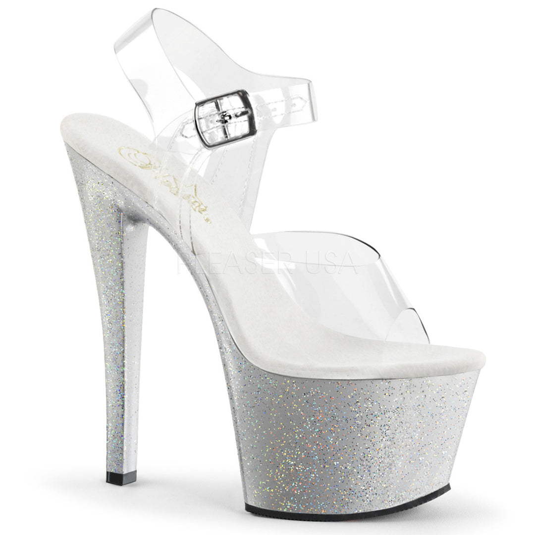 Women's sexy clear/silver glitter ankle strap stripper shoes with 7" high heel.