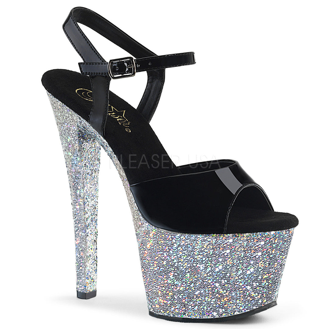 Women's black/silver glitter ankle strap stripper heels with 7" heel.