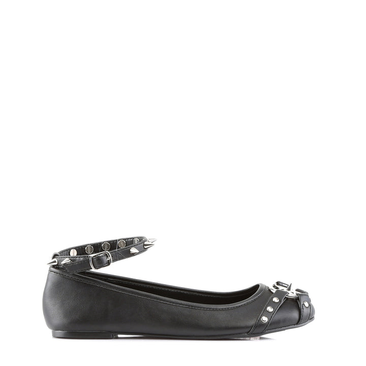 Pleaser Shoes - Black Vegan Leather Flats W/ Buckle &amp; Spikes