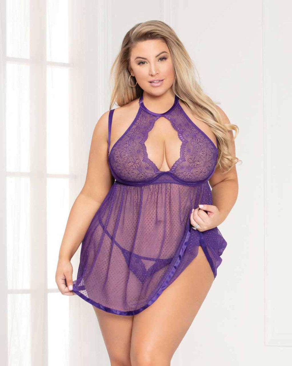Plus Size Lace And Point Babydoll Set