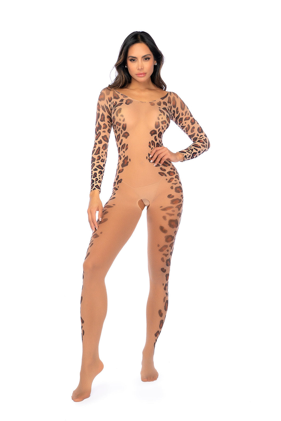 Long-Sleeve Leopard Print Bodysuit with Open Crotch