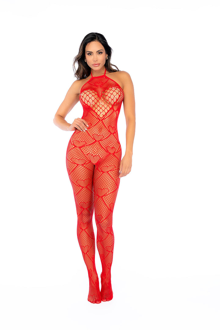 Heart-Print Fishnet Bodystocking with Rhinestone Accents