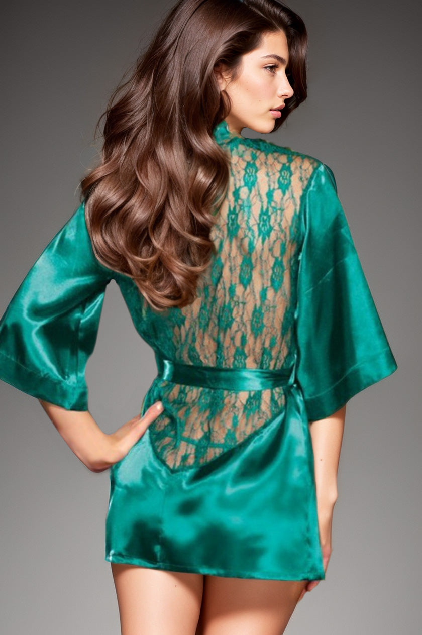 Split Back Robe Satin Robe with Lace Lingerie, Lace Back Robe – 3wishes.com