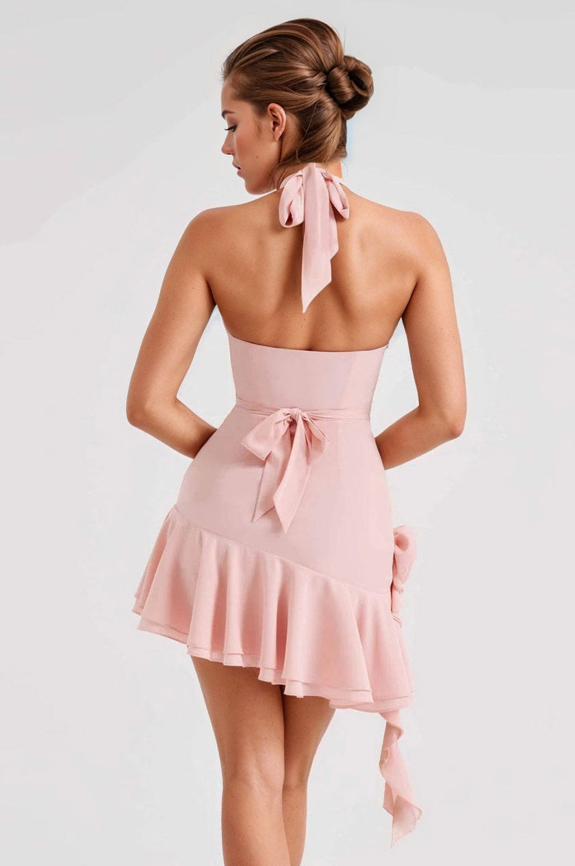 Cowl Neck Halter Mini Dress, Low Cut Halter Dress – 3wishes.com