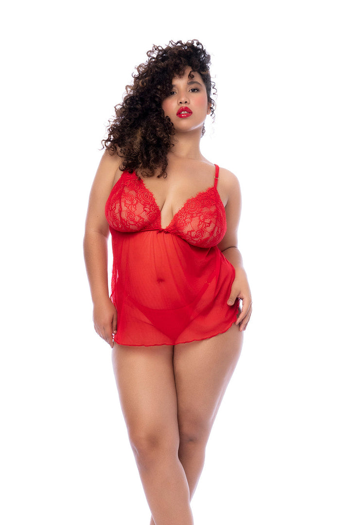 Eyelash Lace &amp; Mesh Babydoll with Matching Thong