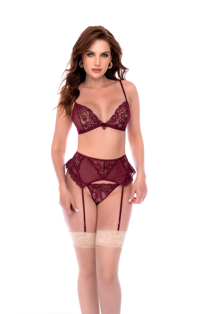 Lace Triangle Bra, Thong &amp; Garter Belt Set