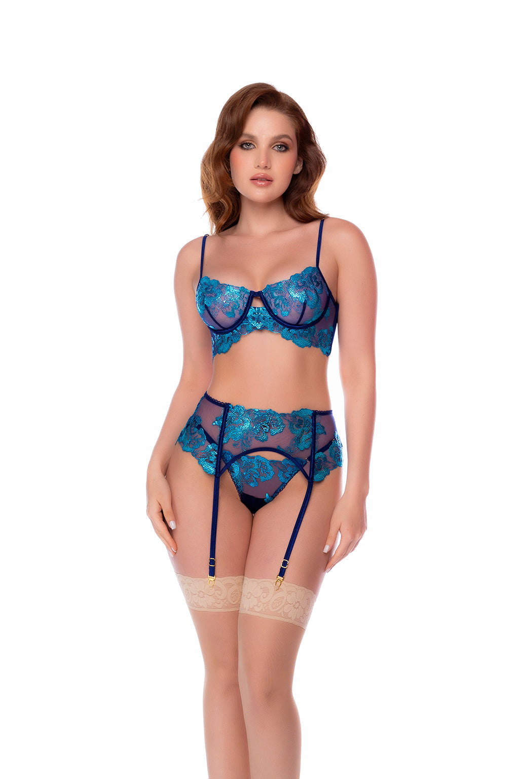 Embroidered Underwire Bra, Thong &amp; Garter Belt Set