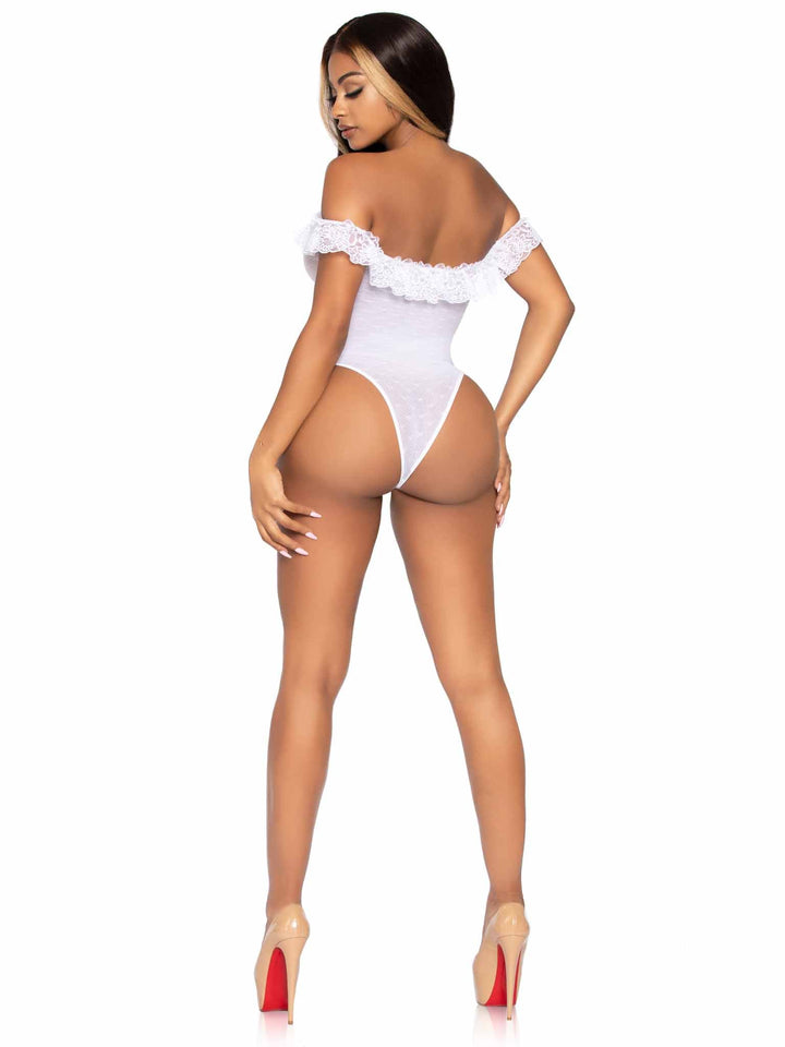 Lace Ruffle Off-Shoulder Snap Crotch Teddy with Point D&