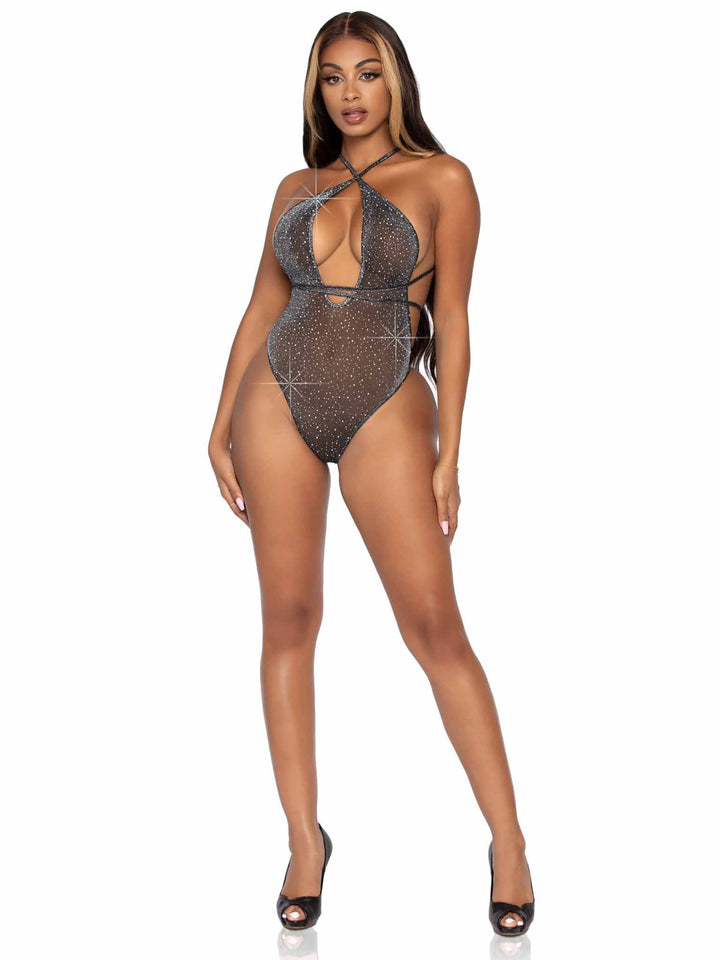 Shimmer Sheer Rhinestone Thong Back Teddy with Wrap-Around Straps