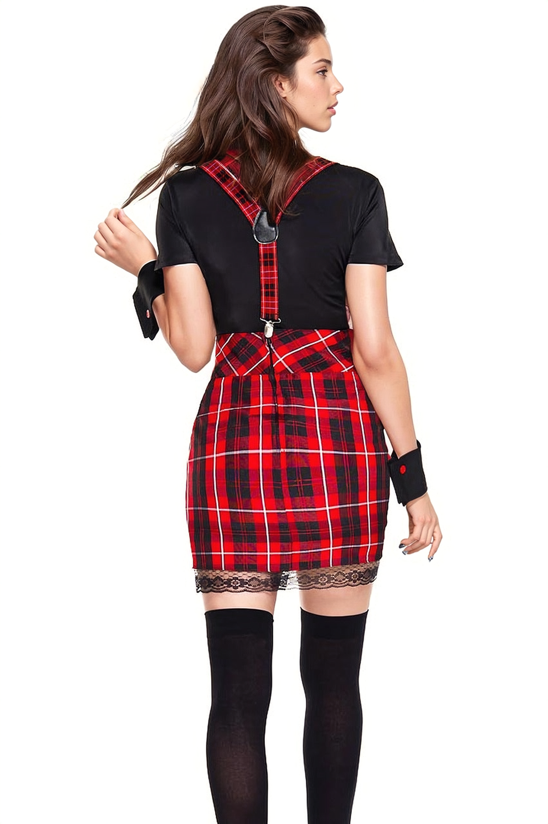 Shop this women's sexy school girl costume featuring a red plaid high waist skirt