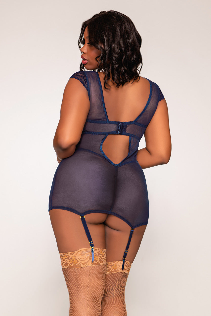 Plus Size Patterned Navy Garter Chemise