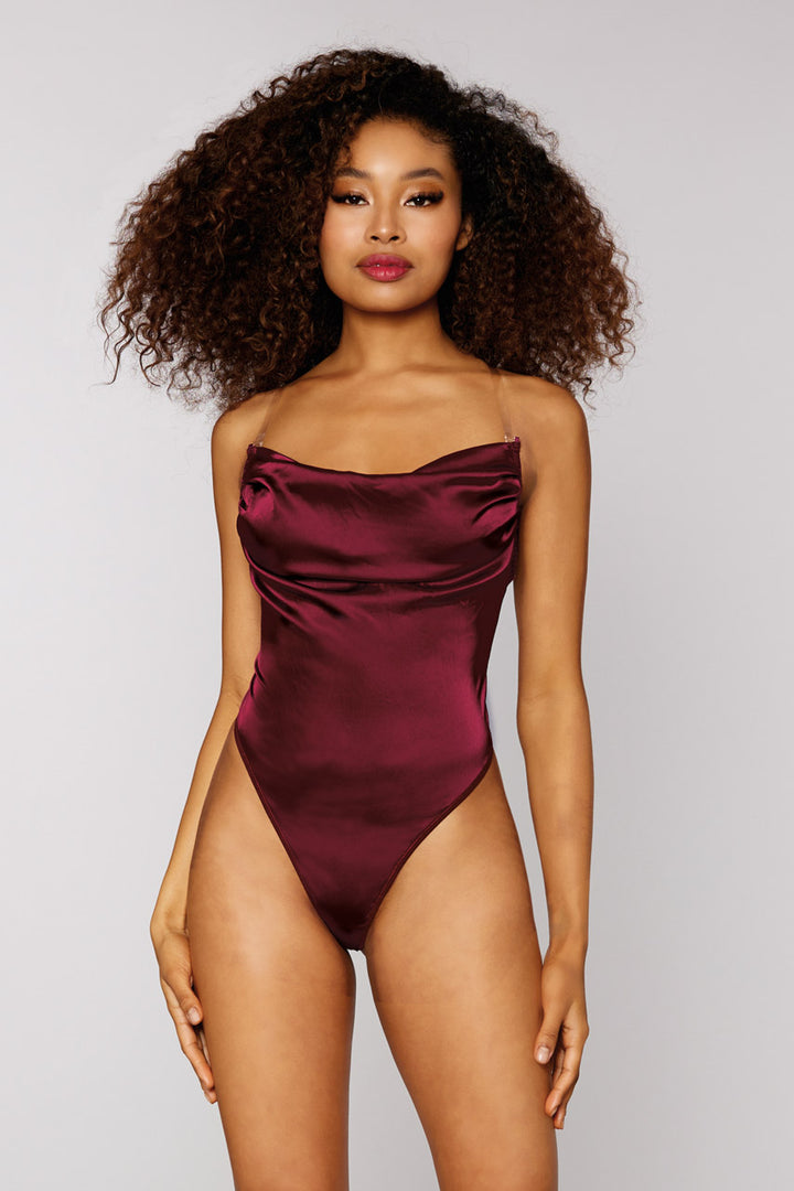 Burgundy Satin Cowl Neck Teddy