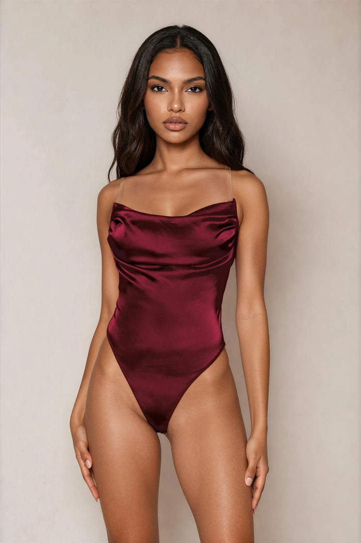 Burgundy Satin Cowl Neck Teddy