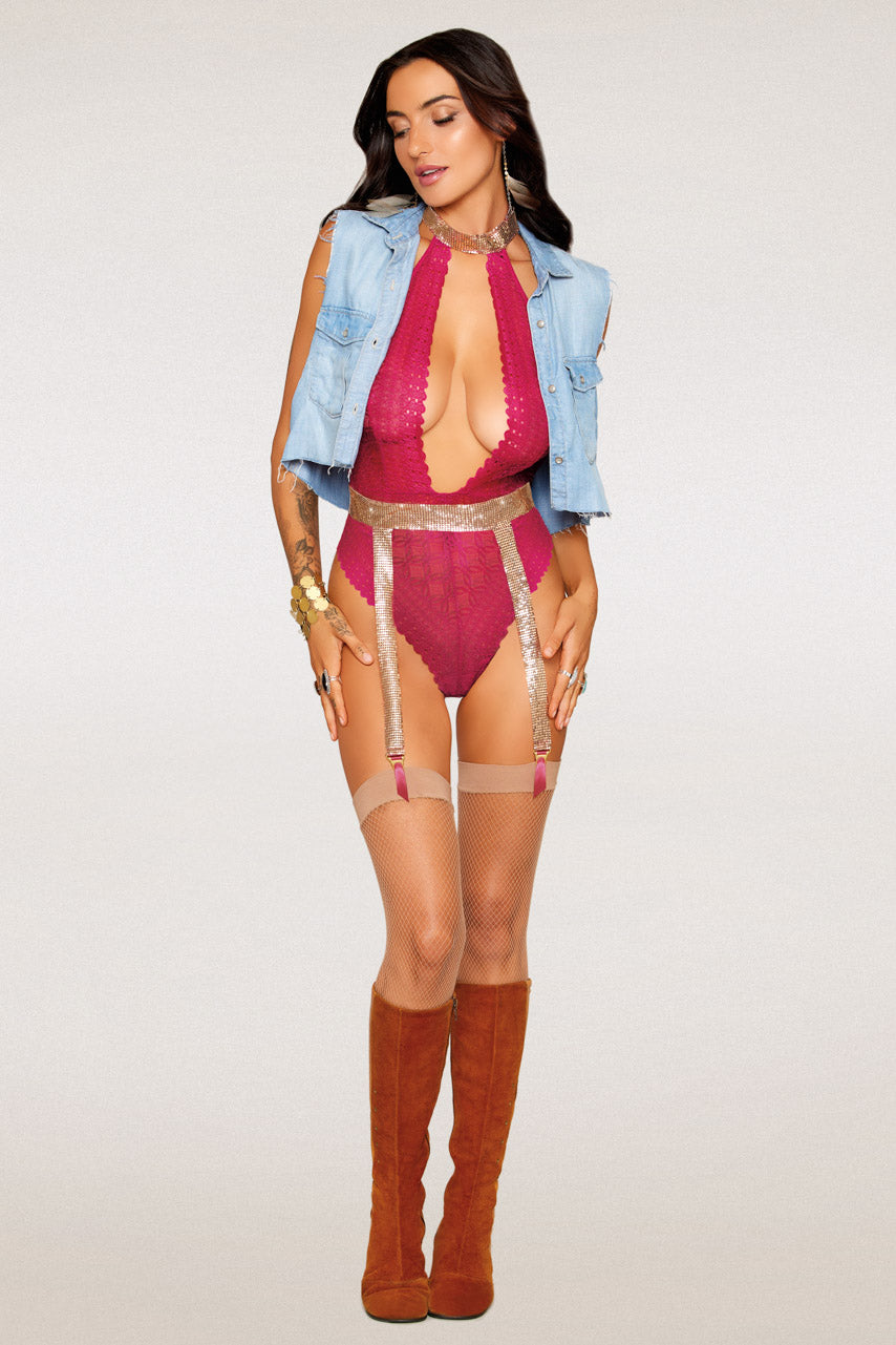 Fuchsia Lace Halter Teddy and Garterbelt