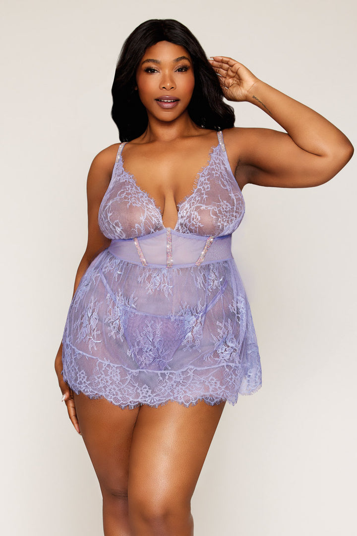 Plus Size Lilac Lace and Rhinestone Babydoll