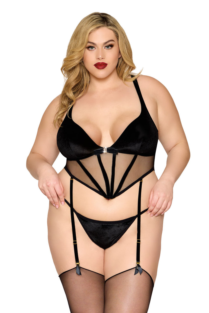Plus Size Black Velvet Bustier Set
